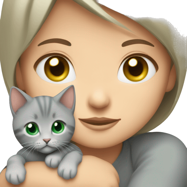 blue eyes grey kitten hugging brown short hair green eyes woman emoji