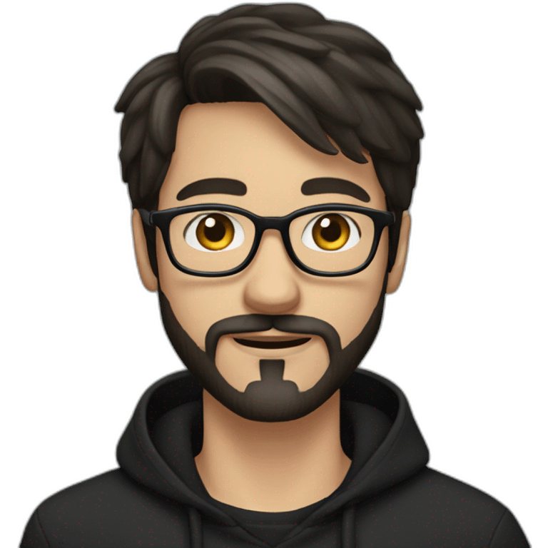 White young man, dark straight hair, moustache and beard, wearing a black hoodie, glasses emoji