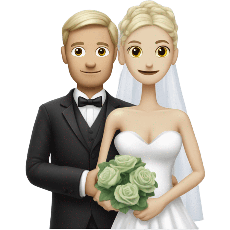 White humman man in a tuxedo, holding Alien reprilian woman in wedding dress, and one , hands getting married emoji