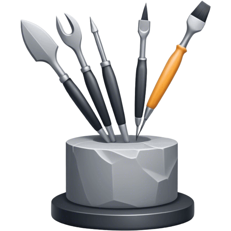 Icon for sculpting, with sculpting tools, sculpture in progress on a textured surface, minimalistic style, clean lines, transparent background. emoji