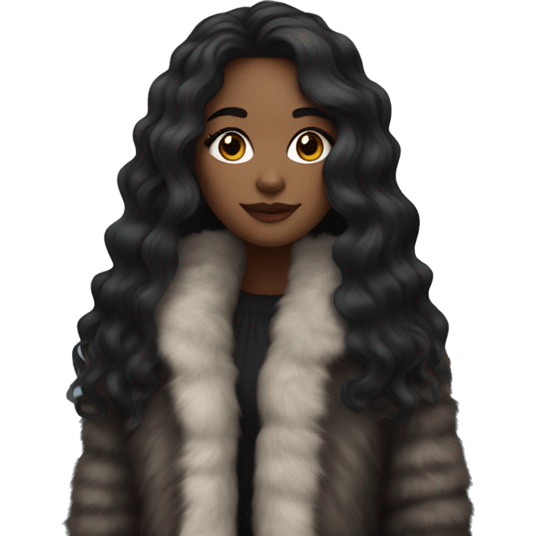 Pretty black girl in a fur coat with long wavy black hair emoji