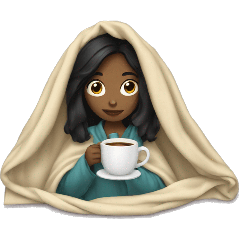 girl with black hair inside a blanket sipping coffee emoji