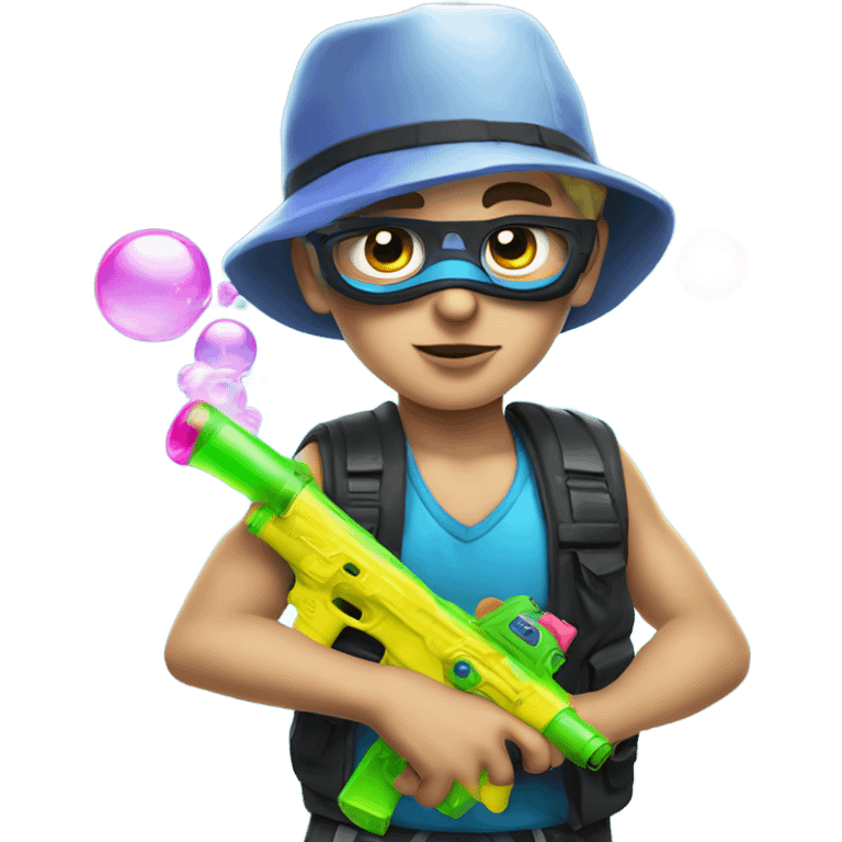 Caucasian boy in rave gear with mask and hat and shooting a bubble gun emoji