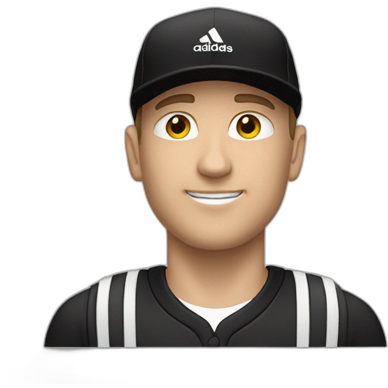 white man with a black adidas cap that has a white logo emoji