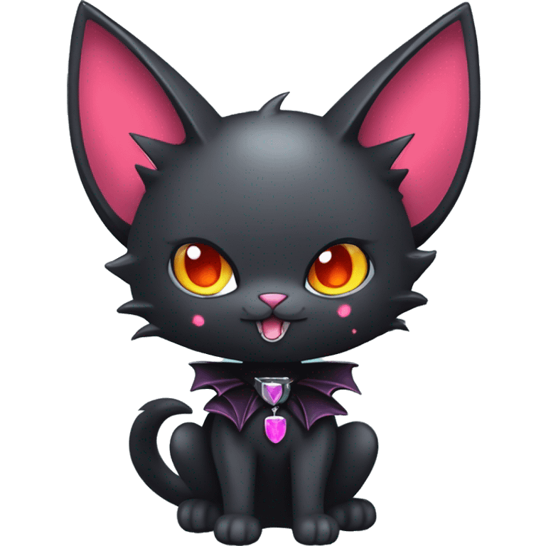  cool edgy kawaii dark-punk-themed animal vampiric cat-hybrid Fakemon with fangs and bat-wing-ears with a collar full body emoji