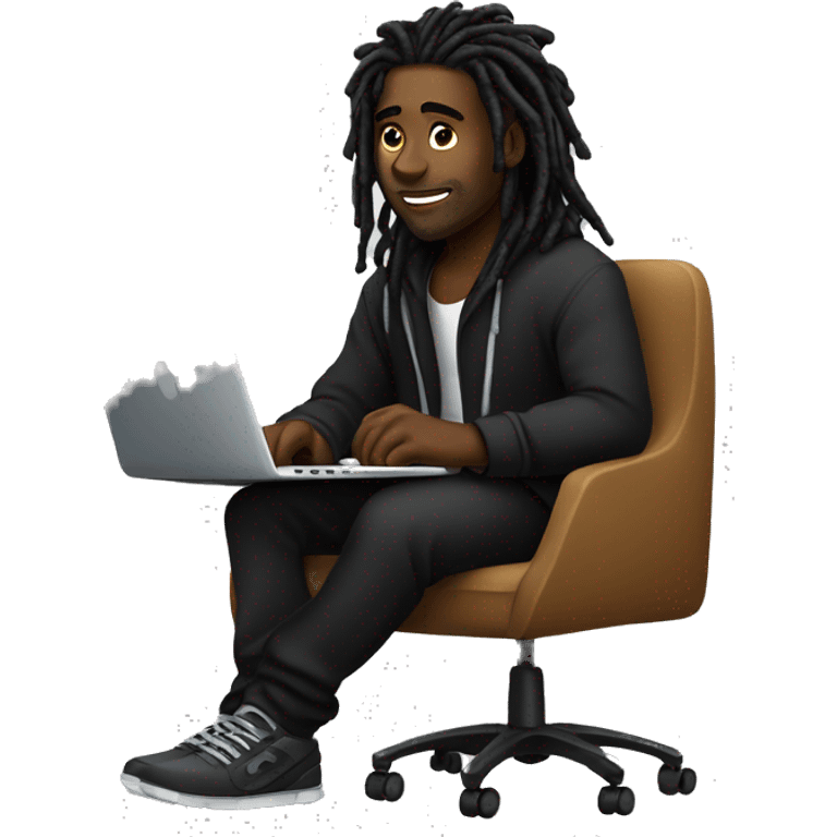 Black-guy-with-dreads-wearing-black-trackstuit-sitting-down-on-chair facing-foward-focused-on-laptop-computer- emoji