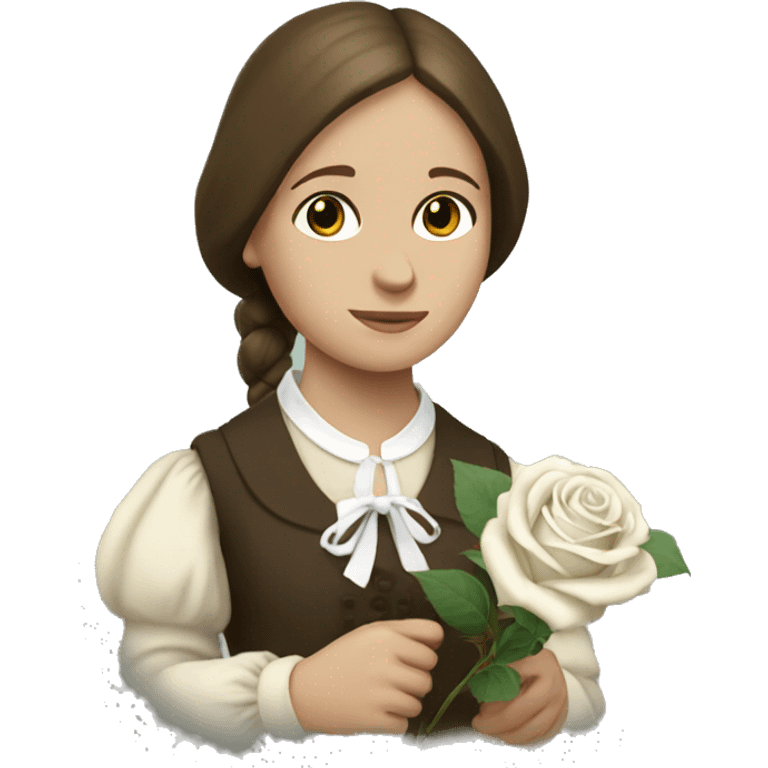 Charlotte Bronte holding a white rose in her hand emoji