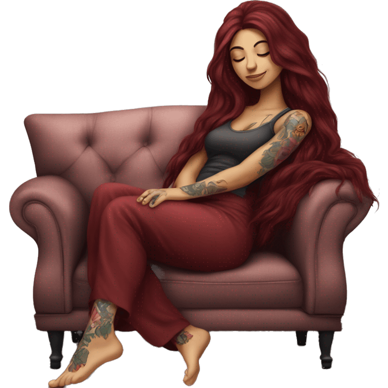 Beautiful tattooed burgundy long haired woman napping on sofa emoji