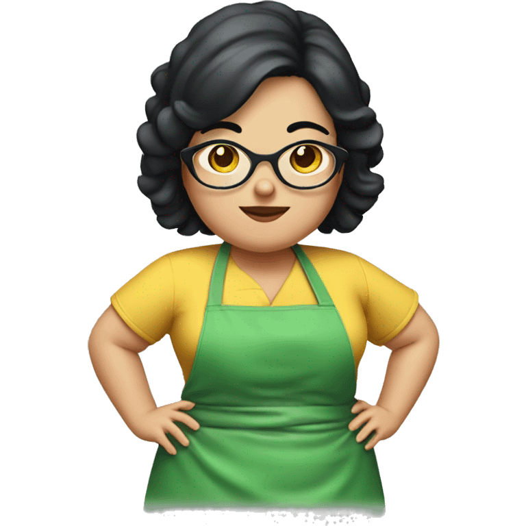 chubby lady with black hair green apron  with glasses cooking  emoji