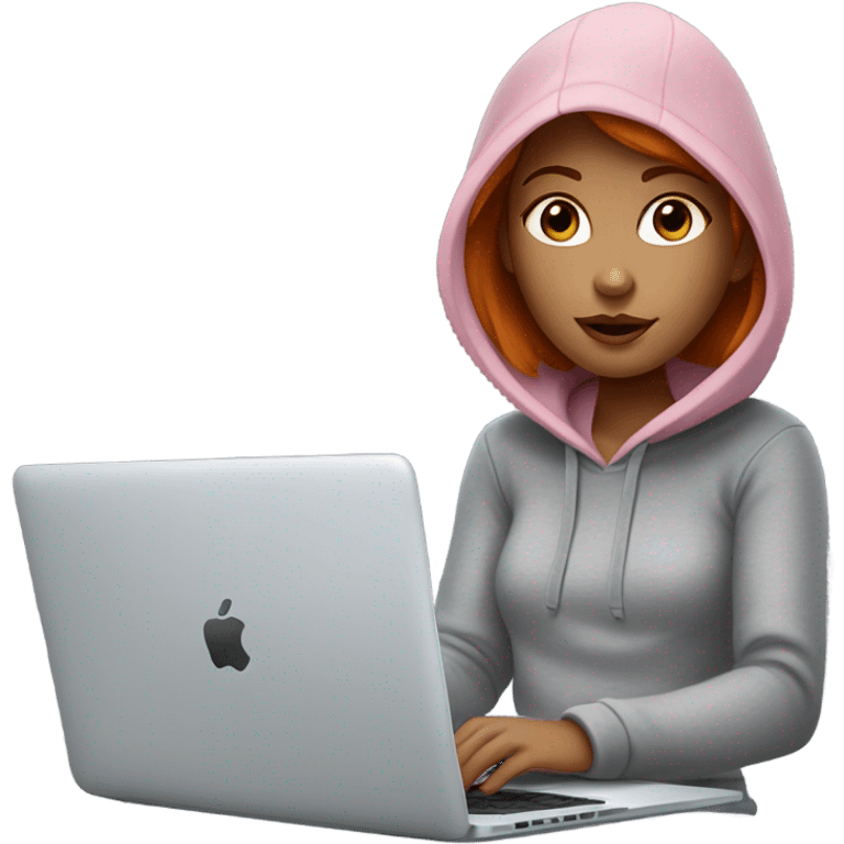 girl with straight short red hair, big pinky lips, big eyes, calm face, in gray hoodie works on macbook emoji