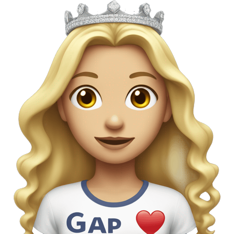 a blonde girl with a crown and a T-shirt that says GAP emoji