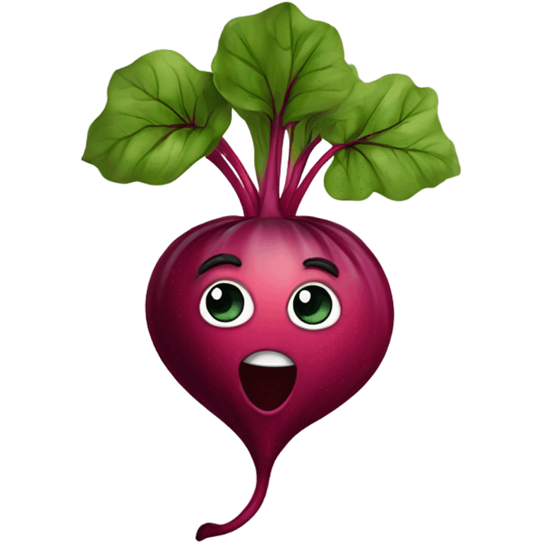 miling beetroot with big expressive eyes, rosy cheeks, and a green leaf on top. Simple and bright design with a cheerful and cartoonish style. emoji