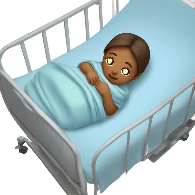 A mother lying on a hospital bed, cradling her newborn baby wrapped in a soft blue swaddle blanket.






 emoji