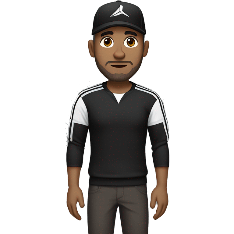 An adult pale male with stubble and a slightly gray beard, brown hair, black eyes, wearing a black Reebok cap with a round emblem on his head, and a black sweater with three white stripes on the sleeves underneath. emoji