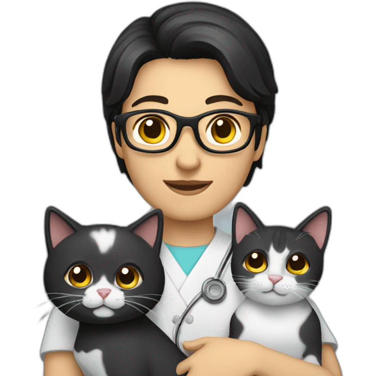 dark-haired vet with glasses holding a cat emoji