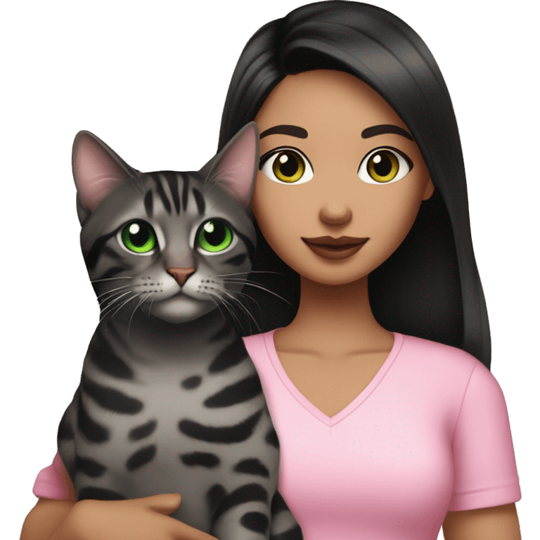 Girl with black eyes and black hair, shoulder length straight black hair, wears a Pink blouse outfit, kissing a gray bengal cat with Green eyes emoji