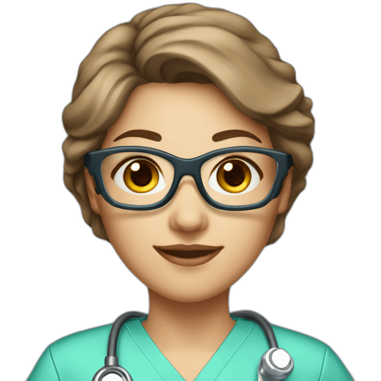 A single smart female nurse with scrub suit with titanium glasses with short brown hair with beautiful smile emoji