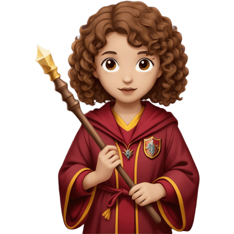 Girl with curly Brown hair and a gryffindor Robe and a small wooden wand and light Skin emoji