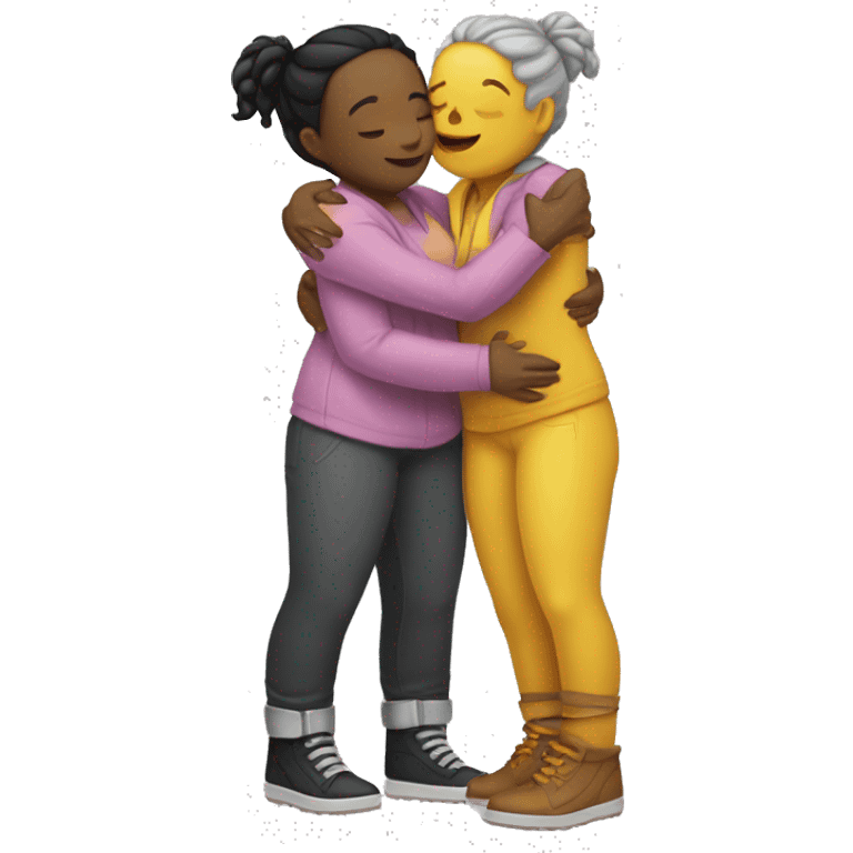 hugging lesbians where one wear septum piering, wearing yellow stipe clothes. emoji