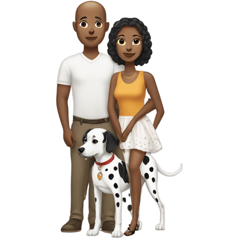 brown-skinned woman with her bald white boyfriend and Dalmatian  emoji