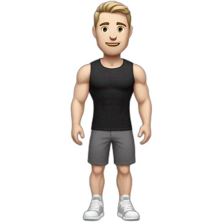 Pale skinned Fit Man With the biceps and dark brown hair in black shirt, gray sports shorts and white Sneakers emoji