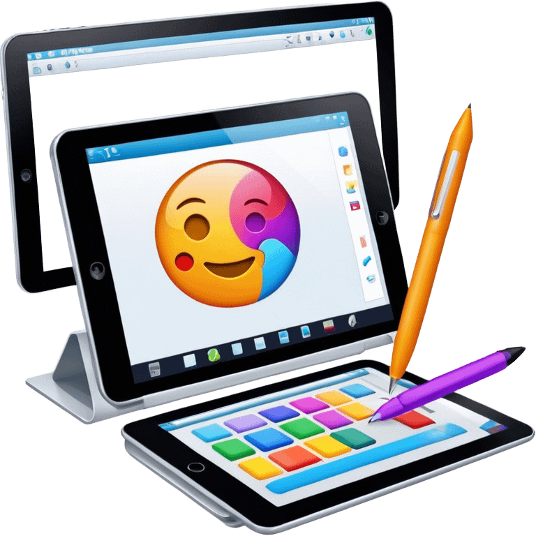 Computer graphics icon, digital design tools like a stylus, tablet, computer image on screen, vibrant colors, minimalistic style, clean lines, transparent background. emoji