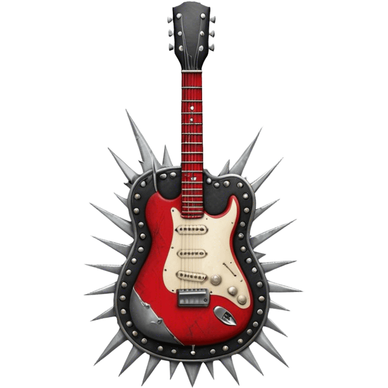 Create a powerful and dynamic humanless emoji representing rock vocals. The design should feature a classic vintage microphone with a rugged, distressed look, surrounded by elements like a guitar pick, electric guitar neck, and sound waves to reflect the raw energy of rock music. Add subtle details such as a spiked bracelet, leather textures, or bold lightning bolts to evoke the rebellious and intense spirit of rock. Use dark, edgy colors like black, red, silver, and metallic accents to emphasize the fierce, loud, and passionate nature of rock vocals. The background should be transparent. emoji