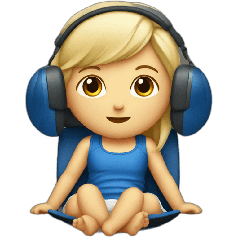 Petite fille blonde foncé avec un casque bleu assise sur un lit emoji