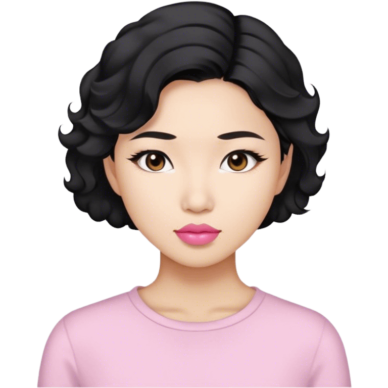 stunning asian woman black short wavy hair, light pink lips emoji