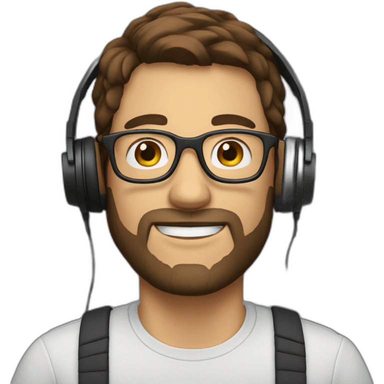 man with glasses and brown hair and a small beard with headphone emoji