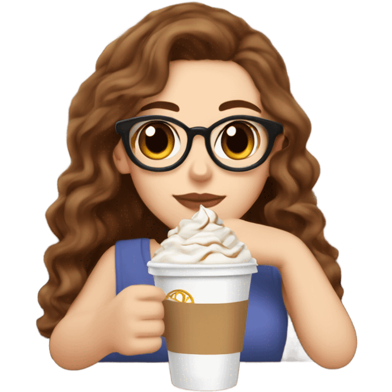 aesthetic white girl with brown wavy hair and brown eyes sipping an iced americano in a cute coffee shop  emoji