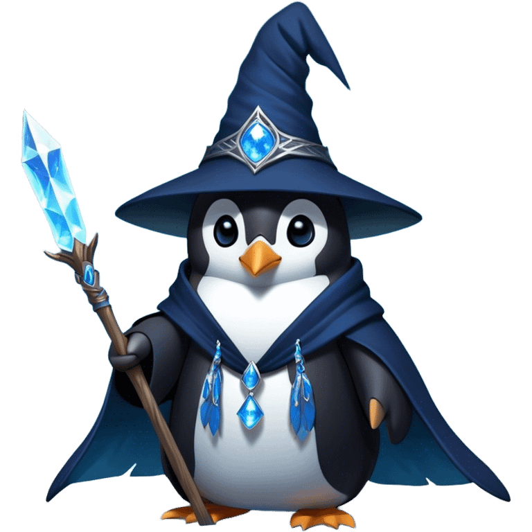 A mysterious penguin mage with sleek midnight-blue feathers, wearing a flowing black robe adorned with silver runes. A tall, pointed wizard hat sits slightly tilted on his head, the brim casting a shadow over his glowing icy-blue eyes. His flipper clutches an ancient wooden staff topped with a swirling crystal, radiating a soft, cold light. Snowflakes drift around him as he stands on a frozen cliff, his aura crackling with arcane energy, ready to summon a blizzard with a flick of his staff. emoji