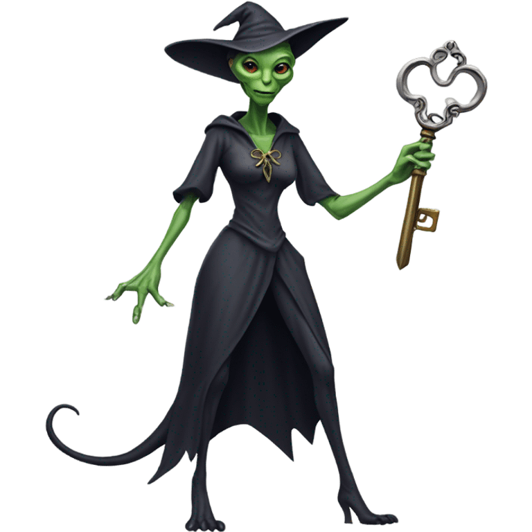 a Reptilian alien woman, as witch, holding a big key, full body emoji