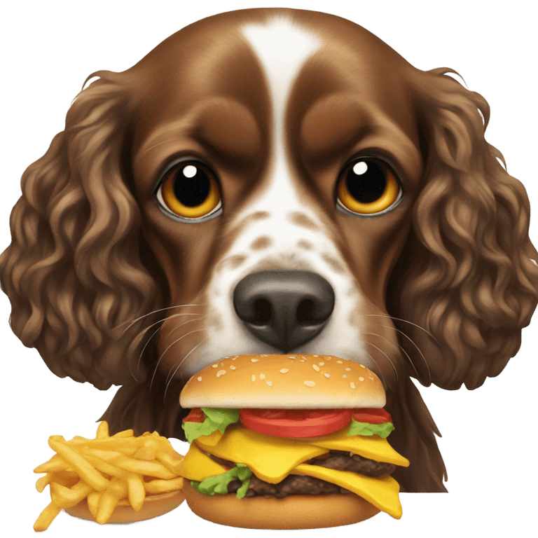 Black cocker spaniel eating a cheeseburger emoji