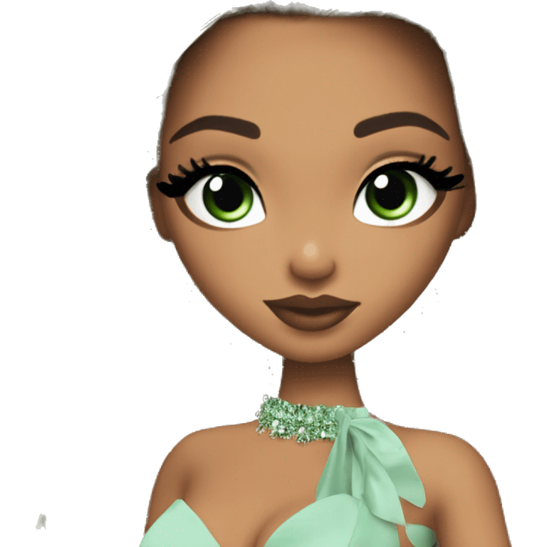 Bratz, club, cocktail dress, black balayage hair, half up half down hair, olive skin, green almond winged eyeliner with big lashes emoji