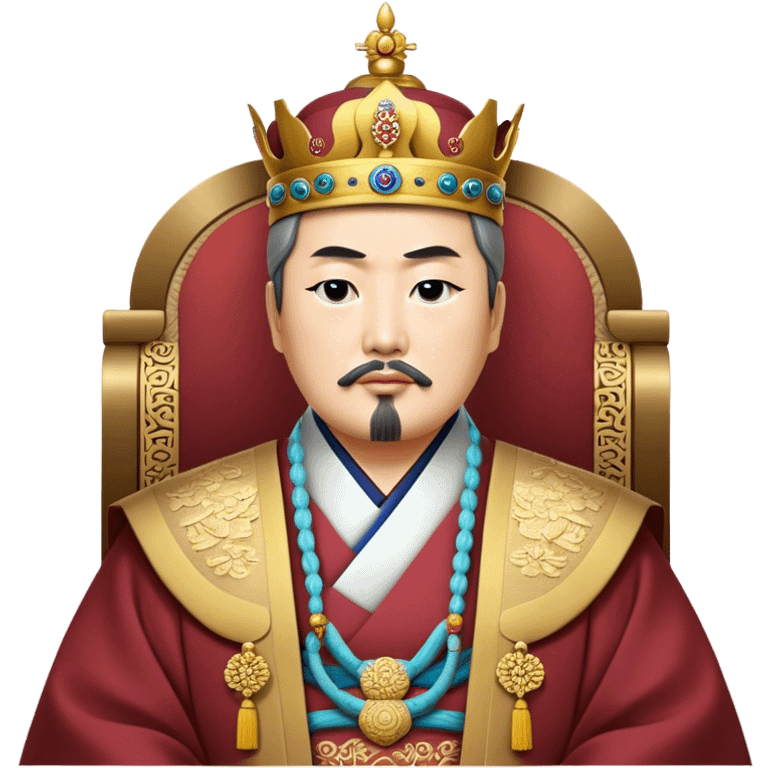 Cinematic Realistic King Sejong Portrait Emoji, depicted as a wise benevolent monarch in traditional Korean royal attire with a thoughtful gaze, rendered with intricate textures and regal soft lighting that captures his historical significance. emoji