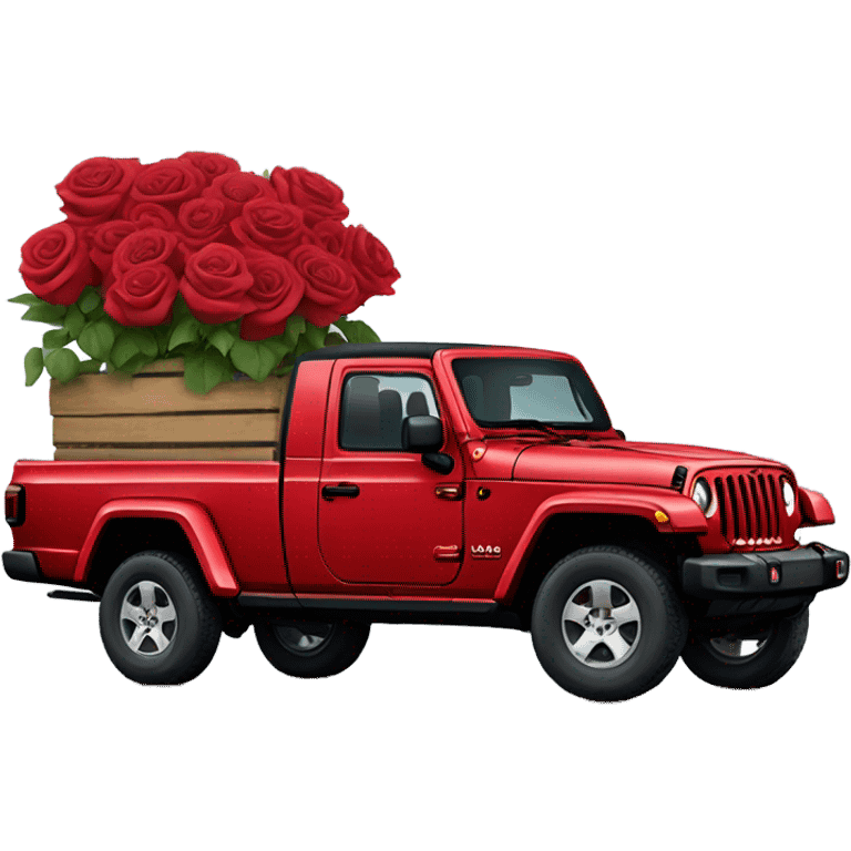 Realistic Red Jeep Gladiator with the truck bed full of roses. emoji