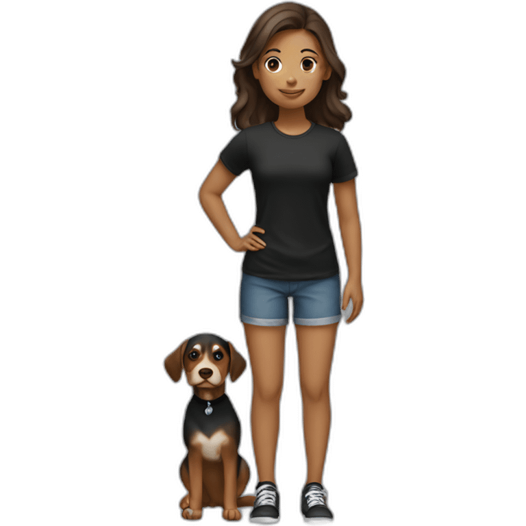 a girl with black t-shirt and holding a dog emoji