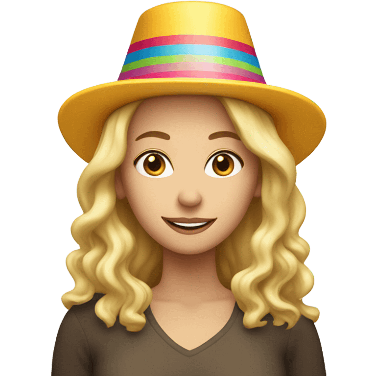 White woman, long hair, blonde hair, wavy hair, birthday hat emoji