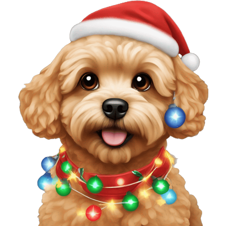 Red maltipoo with Christmas lights decorated around its neck emoji