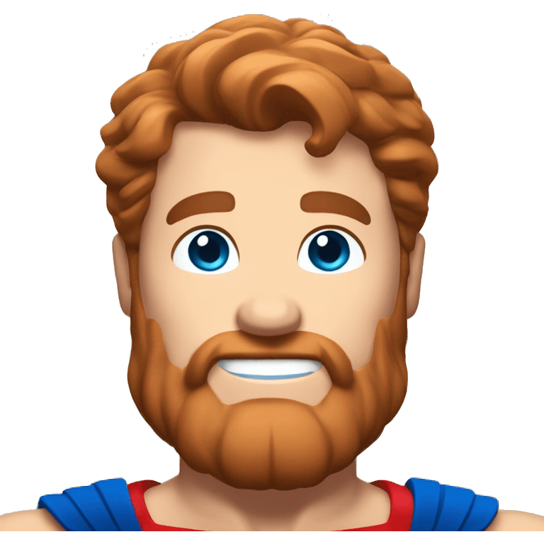 Irish superman, redish hair, blue eyes, redish brownish facial hair, muscular body, smiling emoji