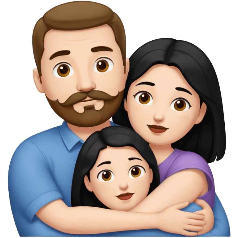 Couple, Tall strong white man with brown mustache goatee hugging a chubby short pale woman with long black hair emoji