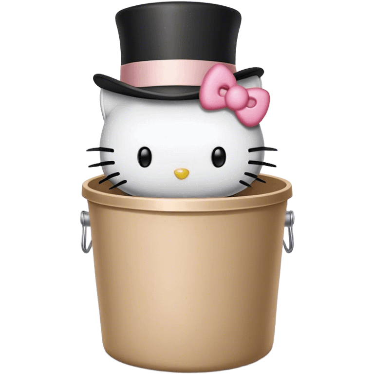 A trash bin that says on text GOODBYEEEE with hello Kitty in a top hat emoji