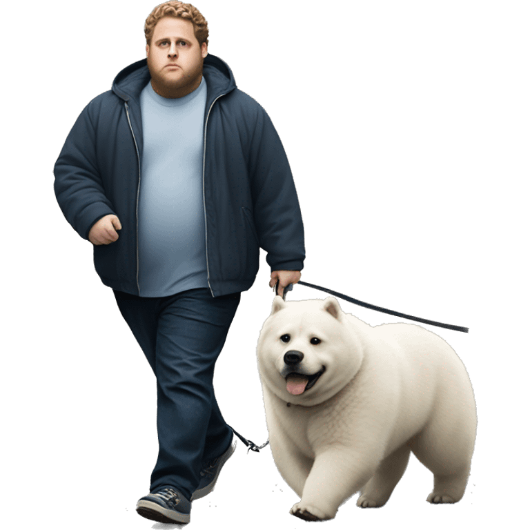 Fat jonah hill walking a white bear dog on a leash  emoji