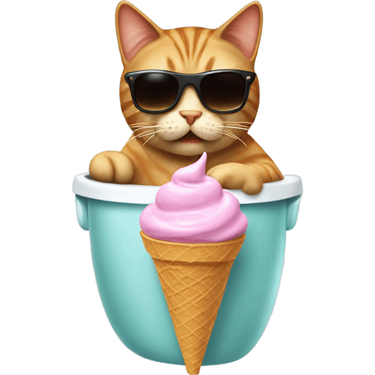 cat eatong ice cream pooping on a toilet with a cone on the head and sunglasses emoji