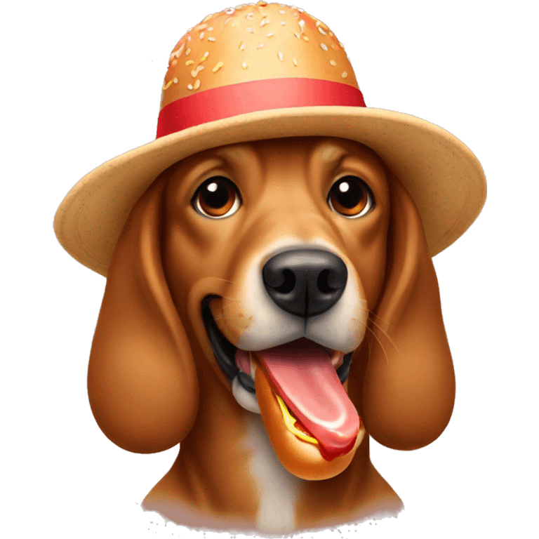 Brown dog with a hat eating a hotdog emoji