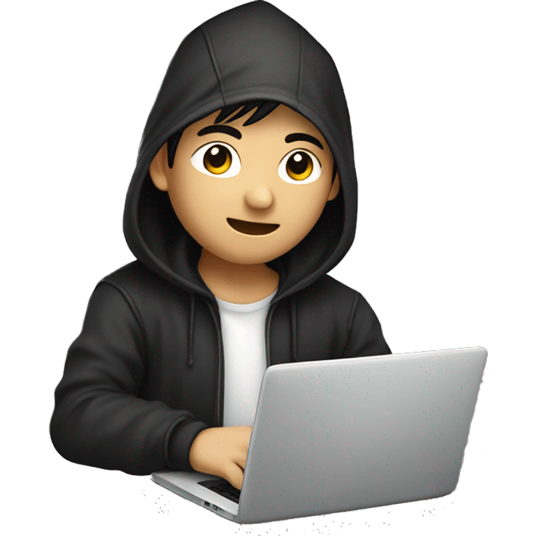 A Asian boy is developer dressed as developer wearing dark hoodies working on a laptop. Background transparent, remove dot  emoji