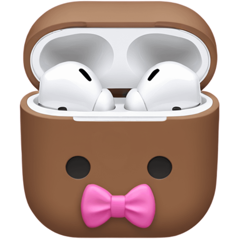 AirPods with a brown case and a pink bow emoji