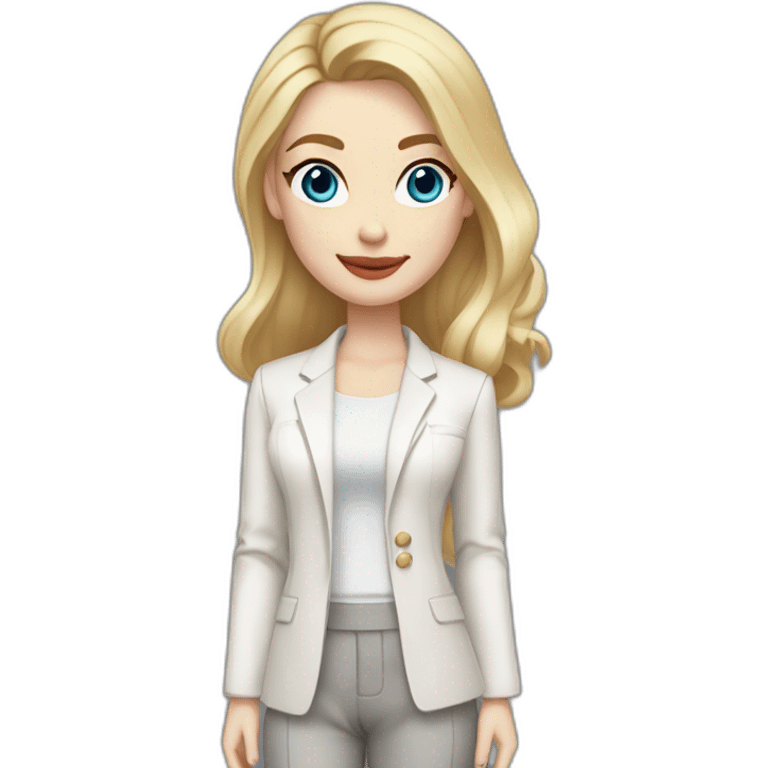 pale skin woman with blonde straight line Hair to shoulders, blue eyes, White classical jacket, Gray Palazzo pants holding a color palette in the hands emoji