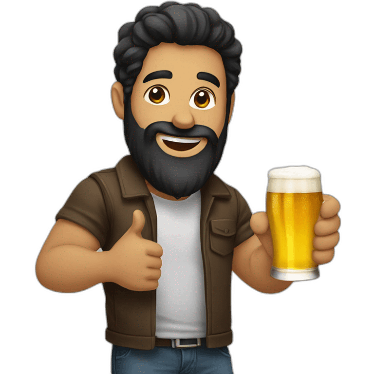 Man black hair anda beard with a beer anda thumb up emoji